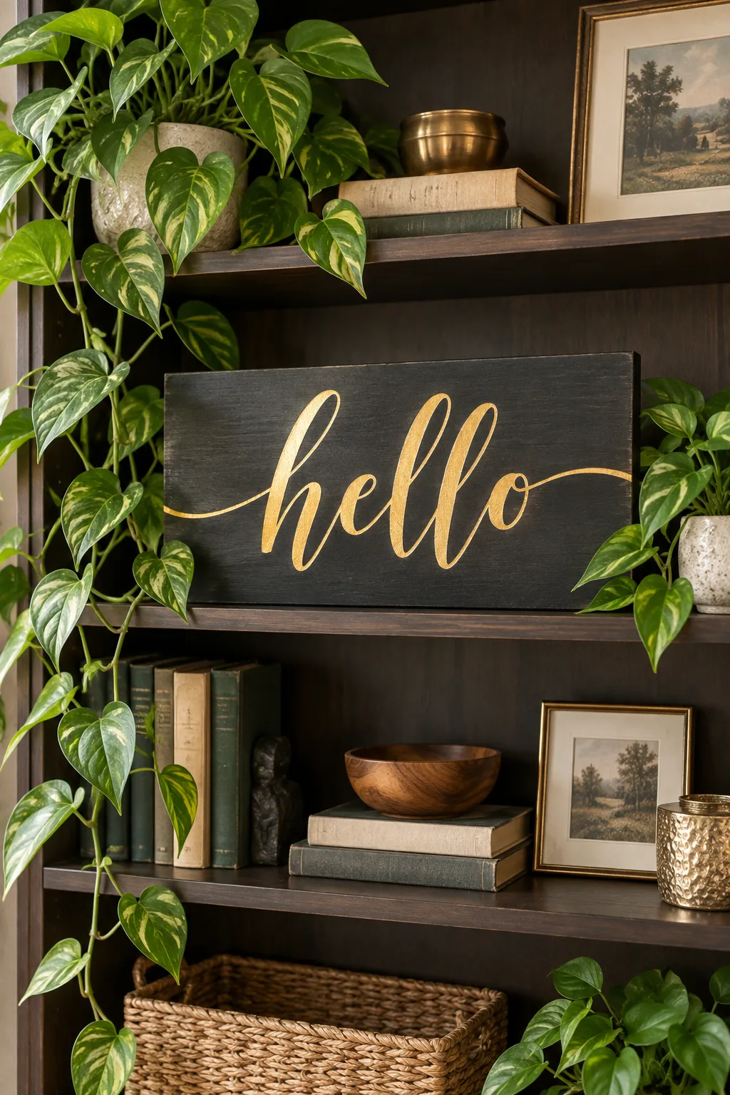 A charcoal wood sign with gold lettering on a bookshelf surrounded by plants.