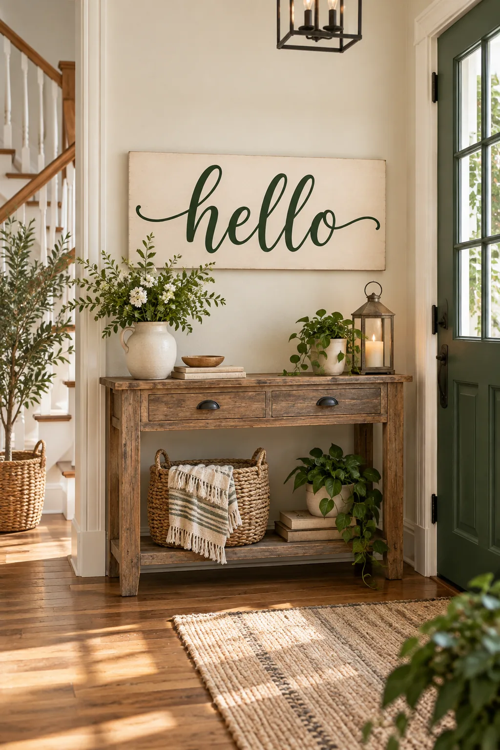 A finished warm-white wood sign leaning against a porch bench next to potted ferns.