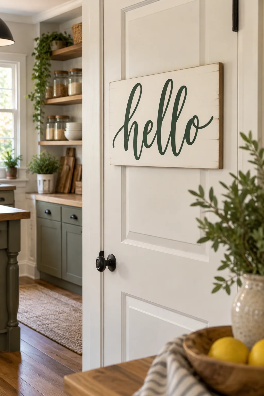 A finished wood sign with green lettering styled above an entryway console table.