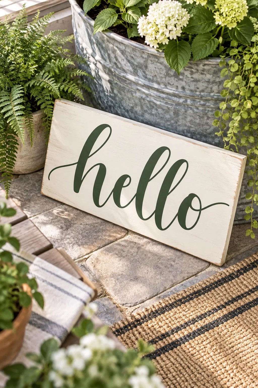 Close-up of a finished wood sign on a pantry door showing thick and thin green lettering.