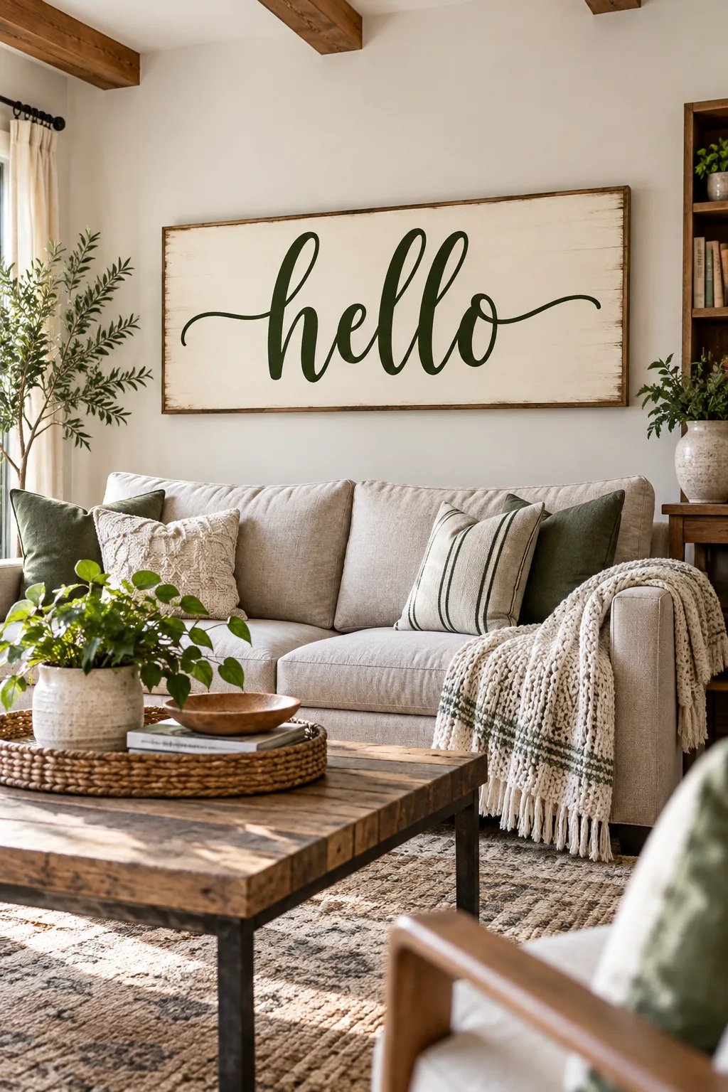 A finished wood sign leaning against a metal planter outdoors, showing a glare-free matte finish.