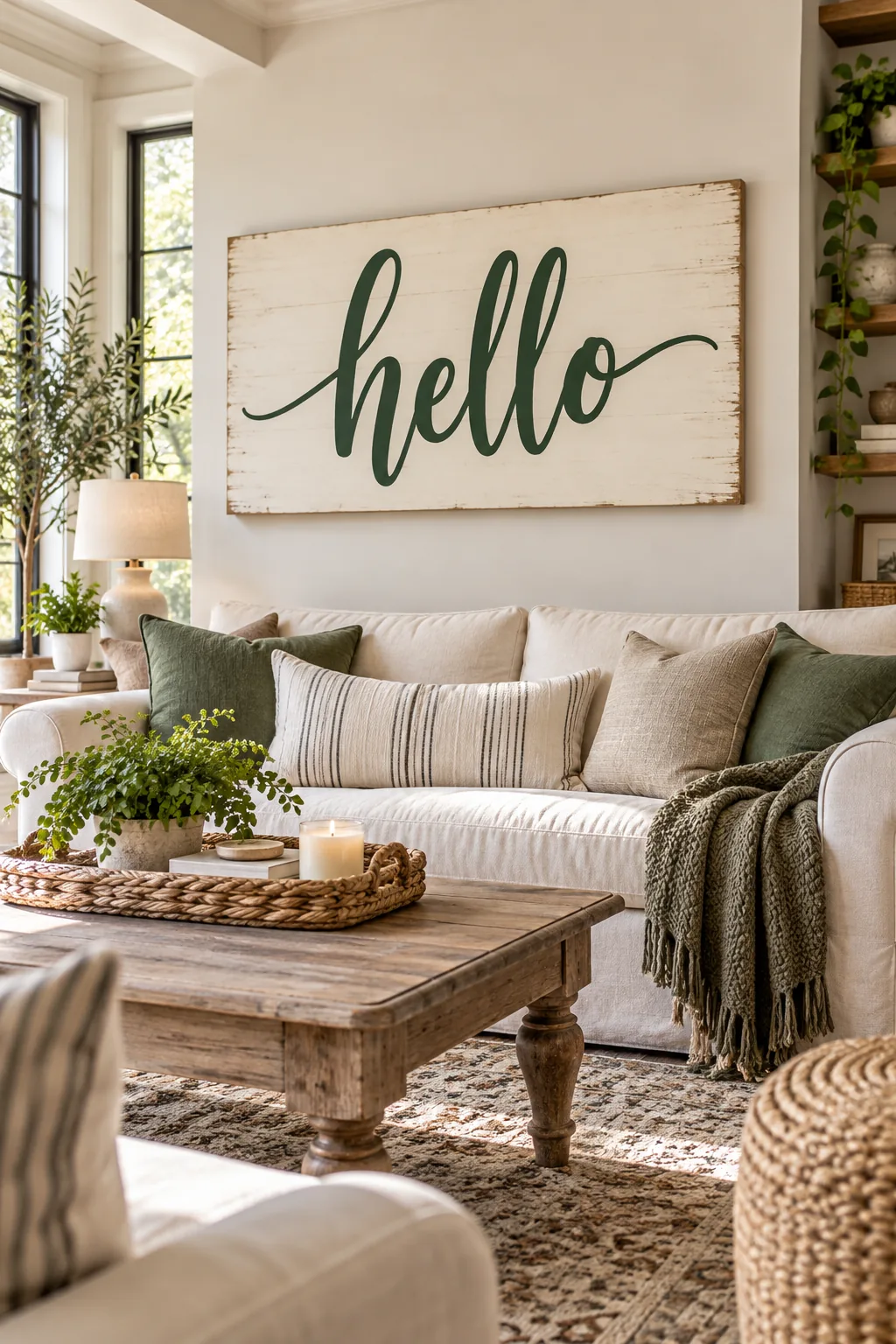 A large, beautifully painted wood quote sign hanging above a living room sofa.
