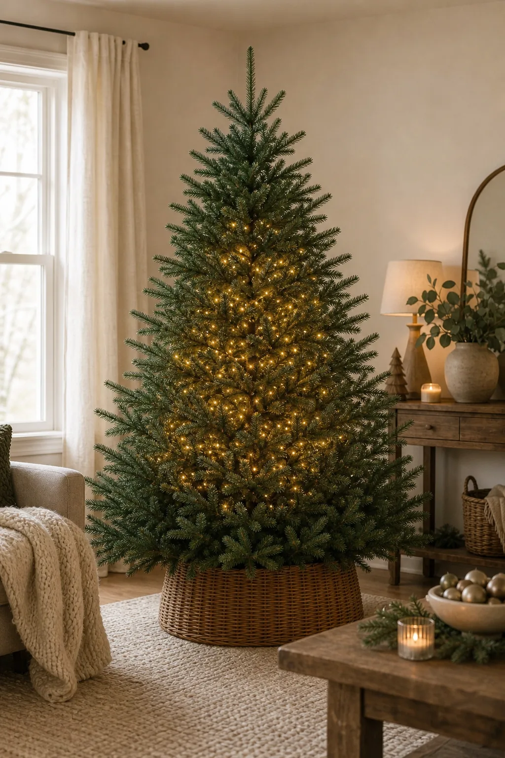 A partially decorated Christmas tree glowing with string lights, standing in a brightly lit modern living room.