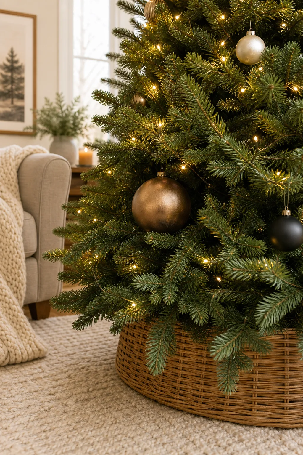 A large bronze ornament tucked deeply into the sturdy lower branches of a Christmas tree.