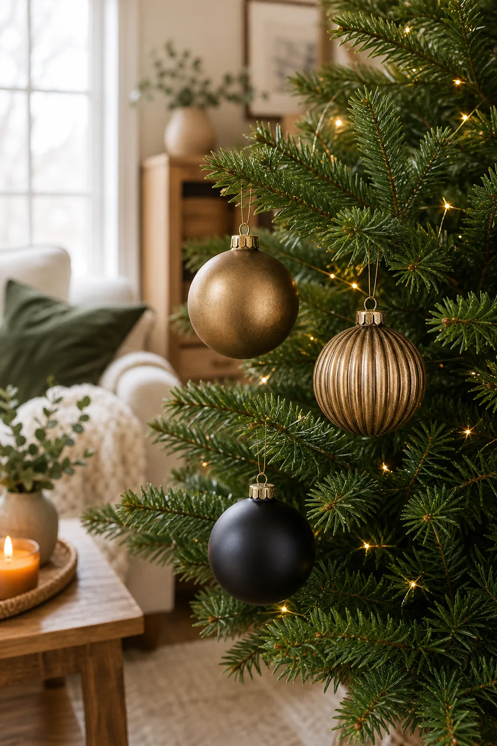 Three matching metallic ornaments arranged in a wide triangle on a pine branch.
