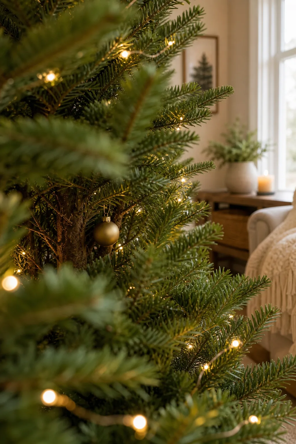 A small matte ornament hidden deep inside the tree near the central trunk.