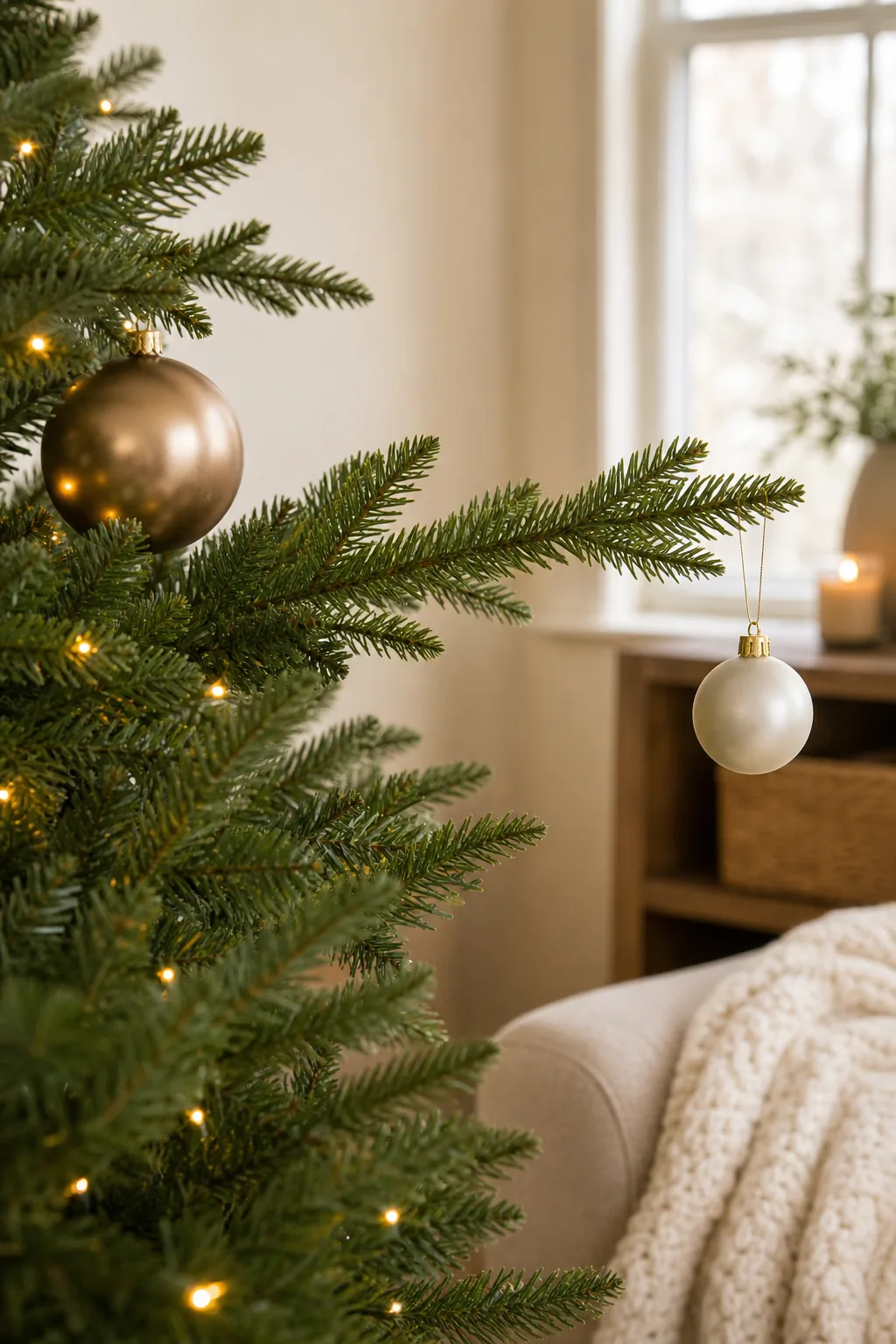 Side view of a pine branch holding a light ornament at the tip and a heavy one near the base.