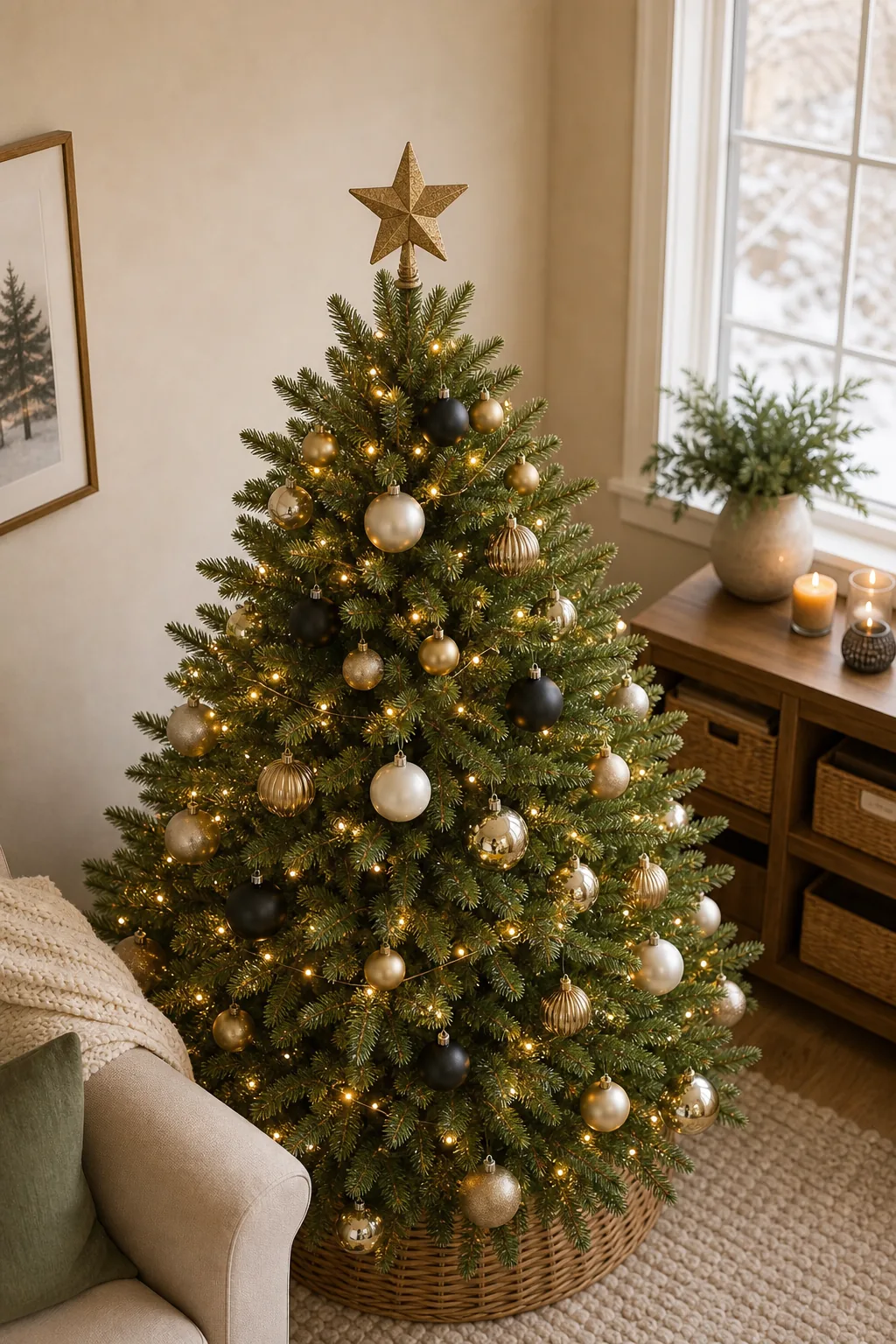 The top section of a Christmas tree showing smaller ornaments tapering up to a star.