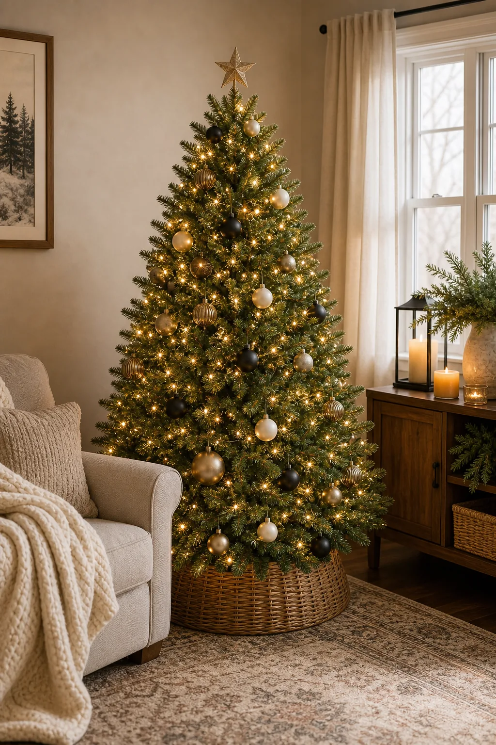A fully decorated, glowing Christmas tree in a beautifully styled modern living room at night.