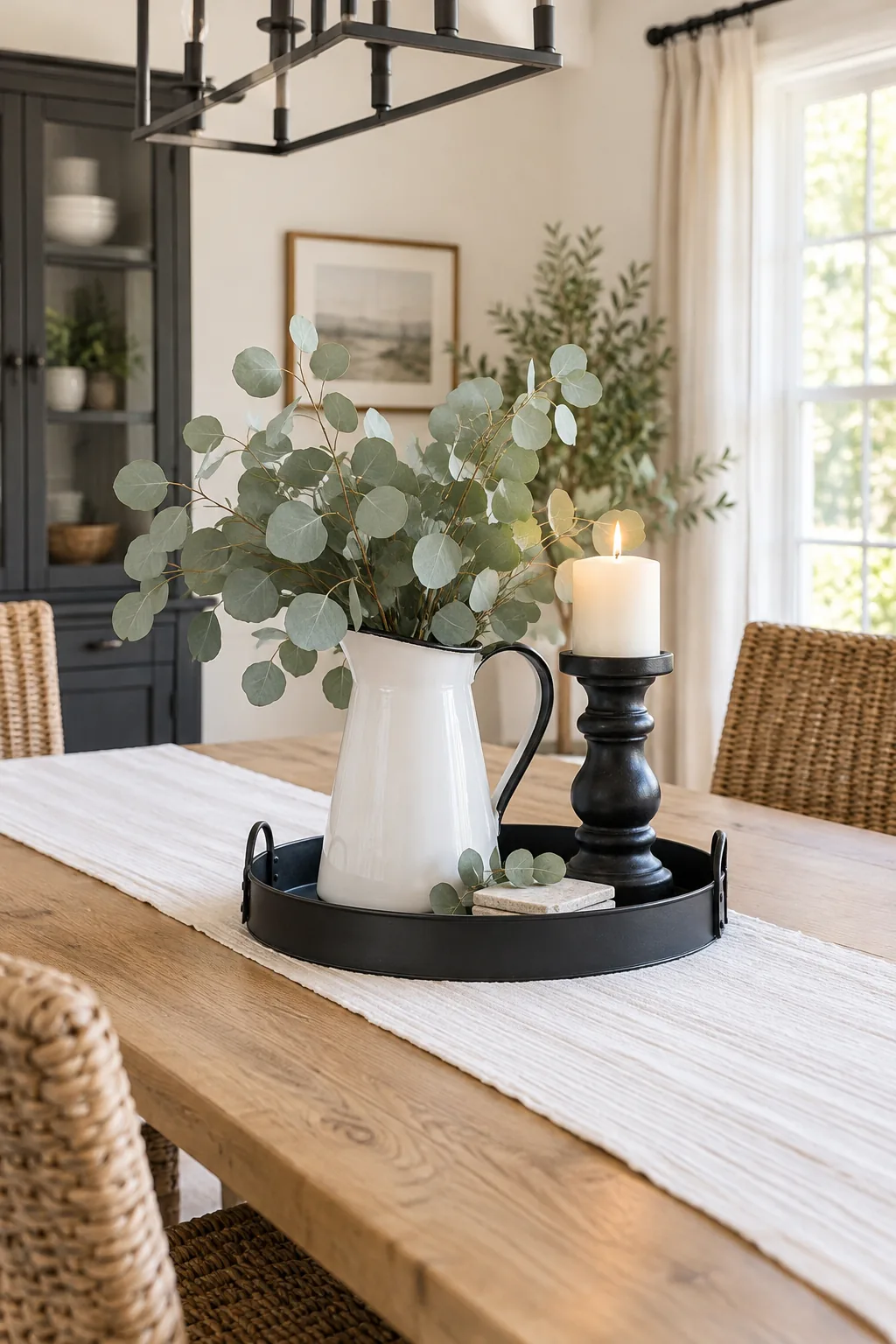 Modern farmhouse centerpiece with a black tray, white pitcher, and eucalyptus.