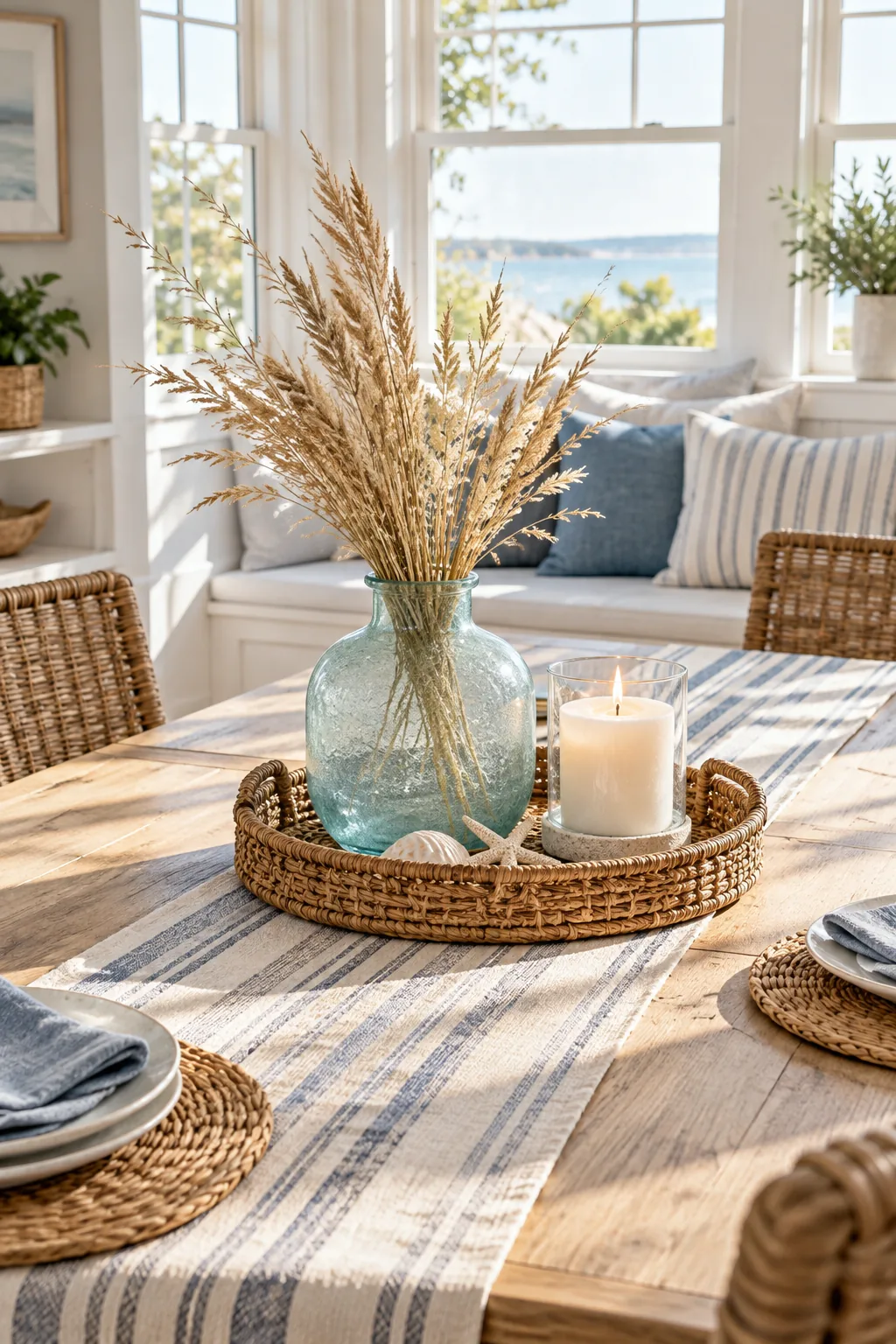 Coastal centerpiece with a rattan tray, blue glass vase, and dried grass.