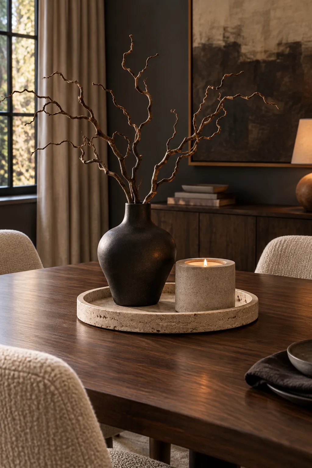 Minimalist centerpiece with a travertine tray, black vase, and bare branches.