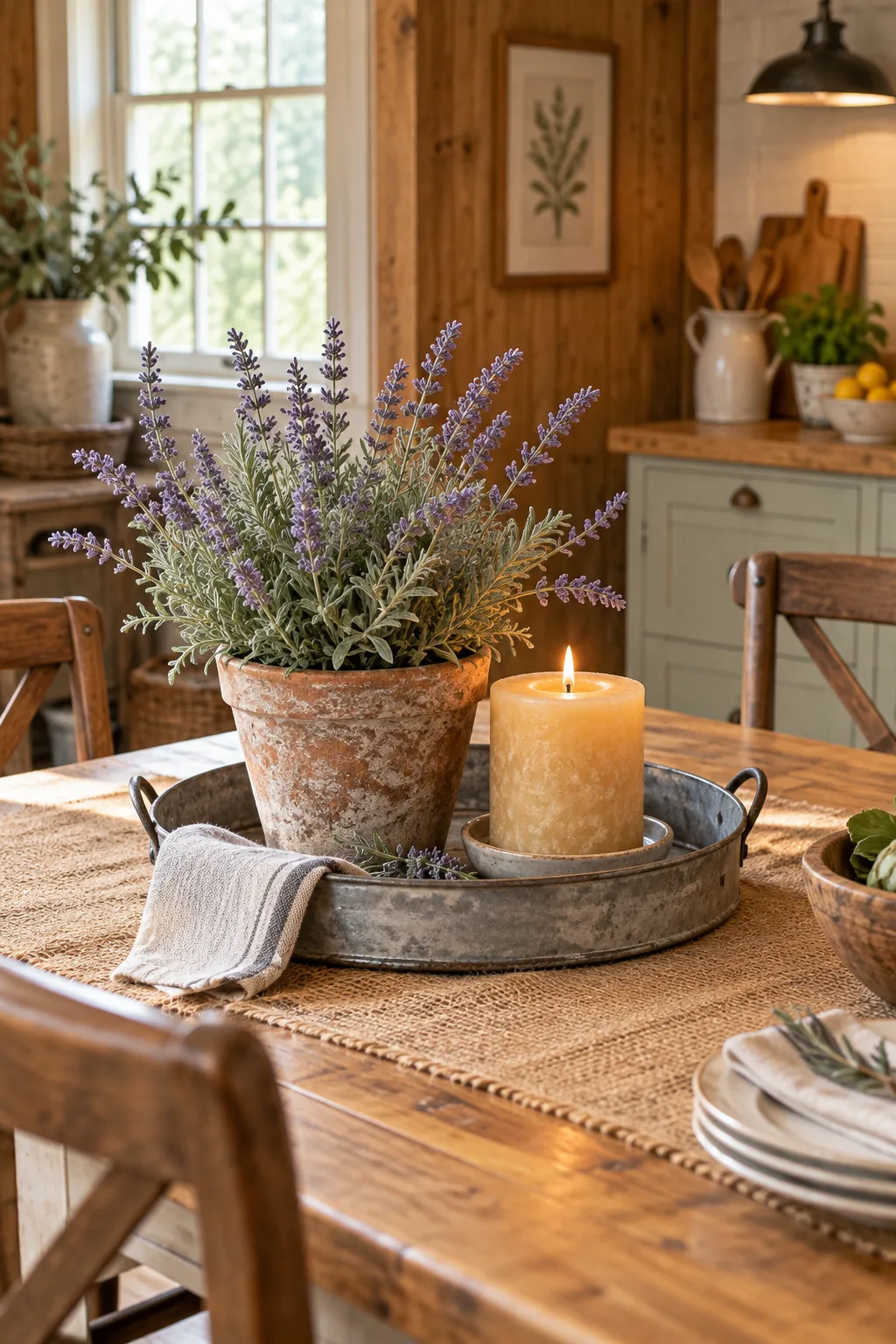 Rustic cottage centerpiece with a galvanized tray, terracotta pot, and lavender.