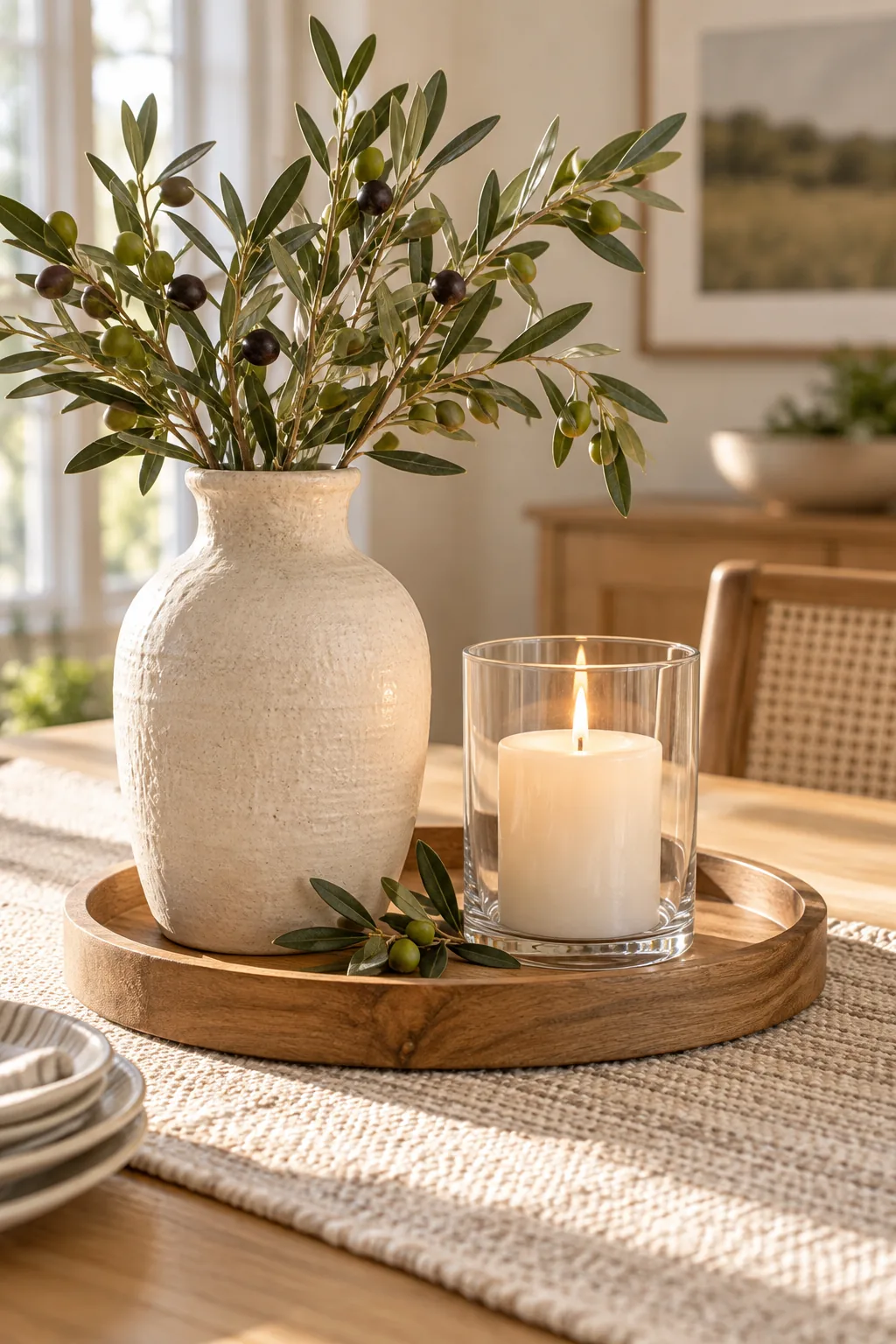 Close-up of a round wooden tray with a raised edge sitting on a linen runner.