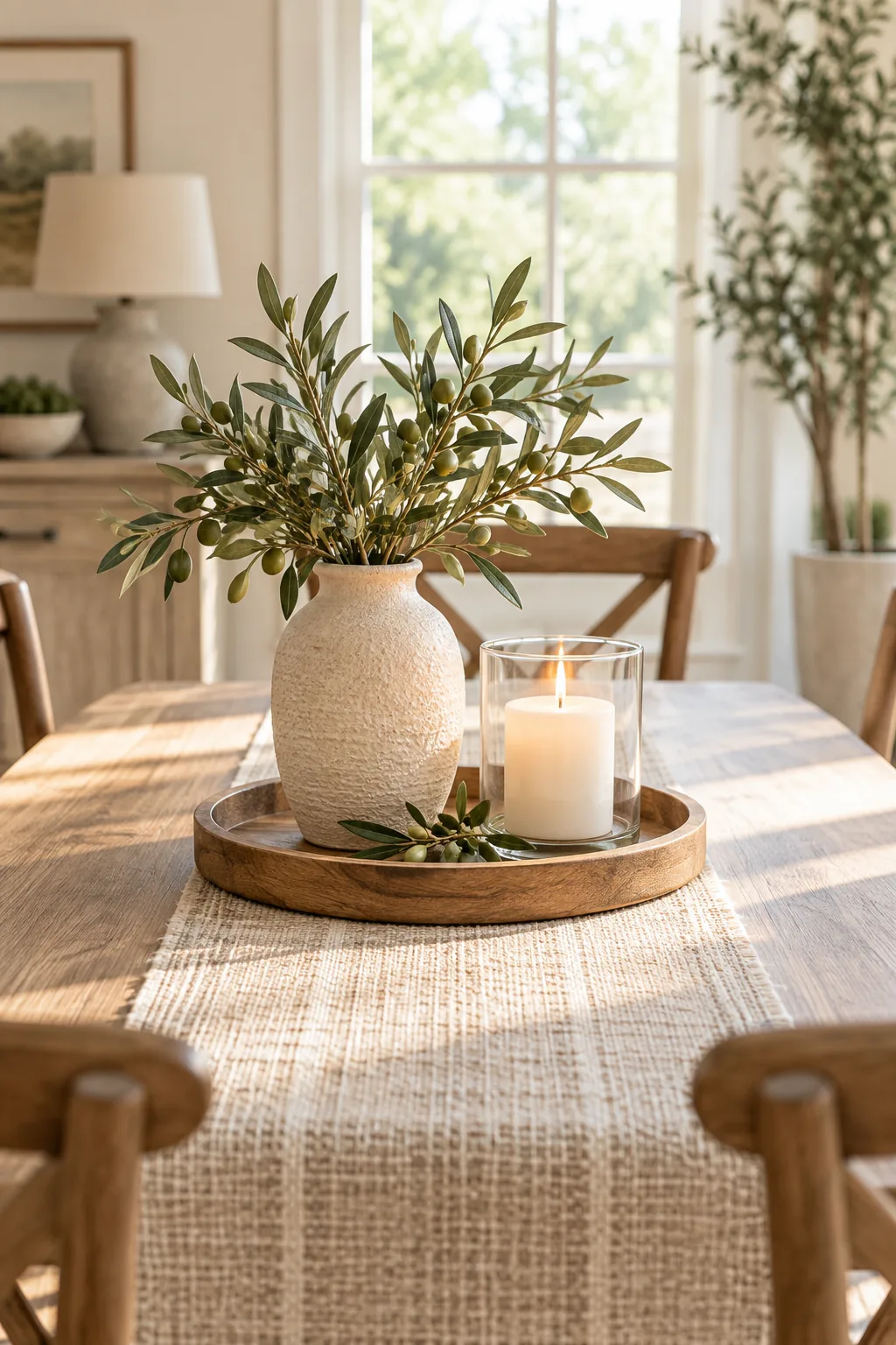 Textured white vase placed next to a shorter clear glass candle holder on a wooden tray.