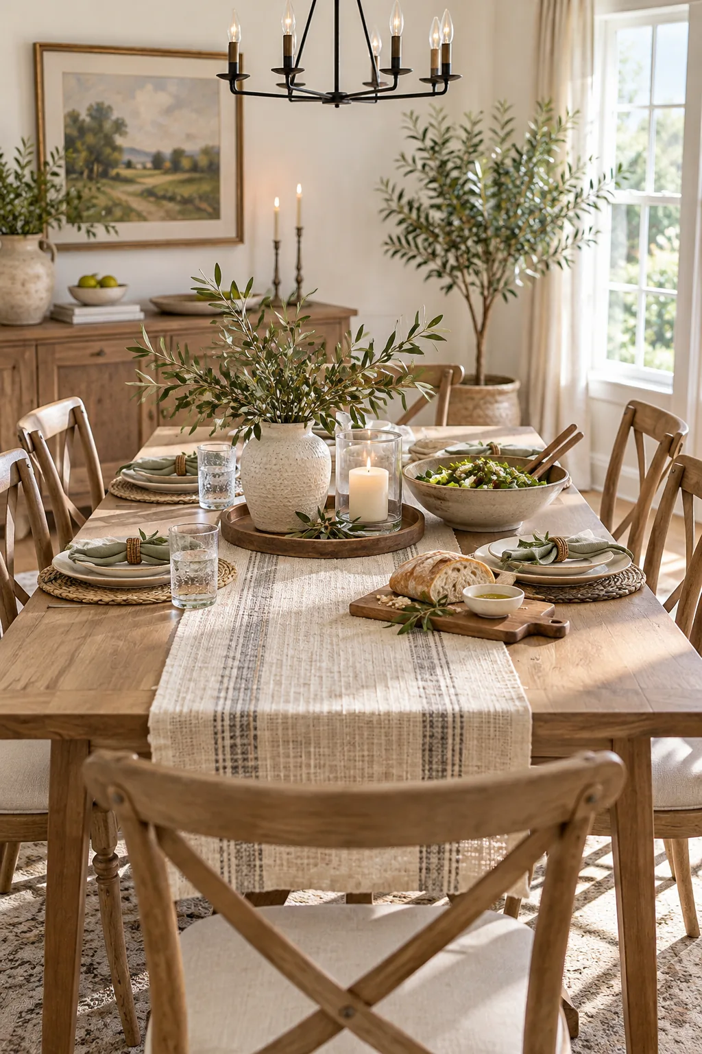 View across a dining table showing low olive branches in a vase that do not block the opposite chair.