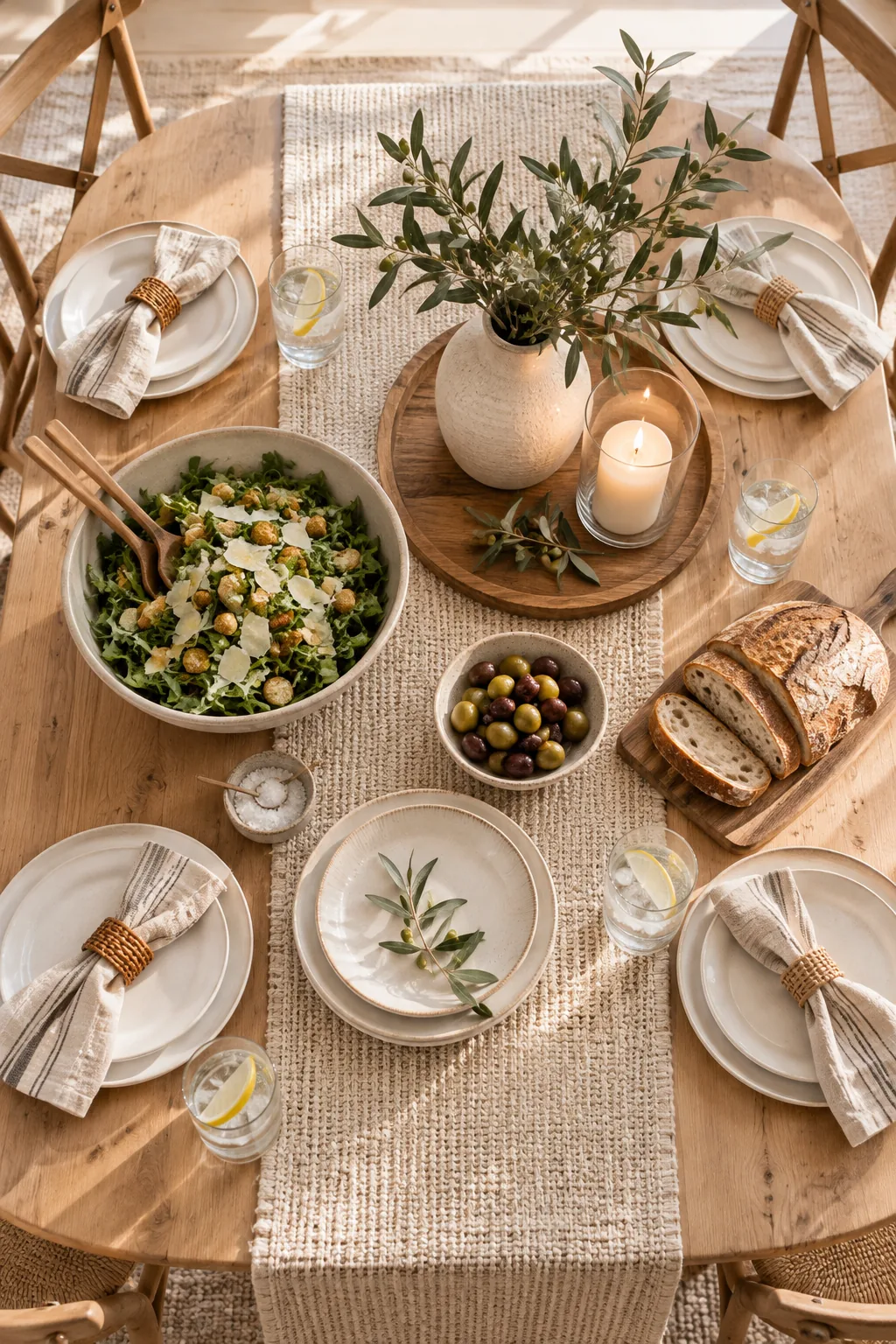 Overhead view of a styled dining table with the centerpiece tray moved slightly to accommodate plates and a serving bowl.