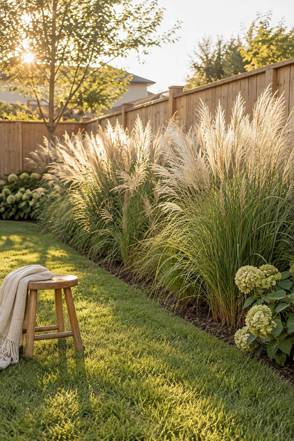 Tall green ornamental grasses planted in a row against a wooden privacy fence