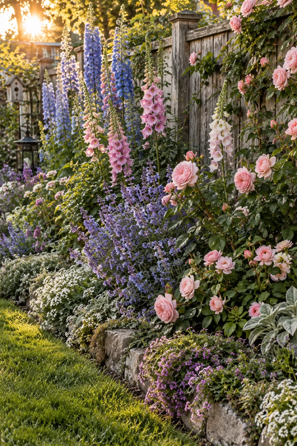 Layered garden bed with tall flowers in back and short plants in front along a white fence