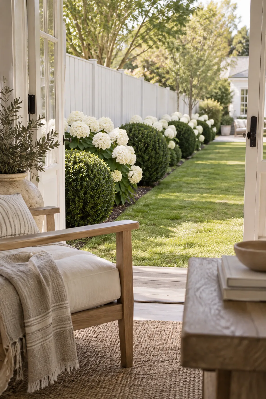 White hydrangeas and green boxwood shrubs planted in an alternating pattern along a fence