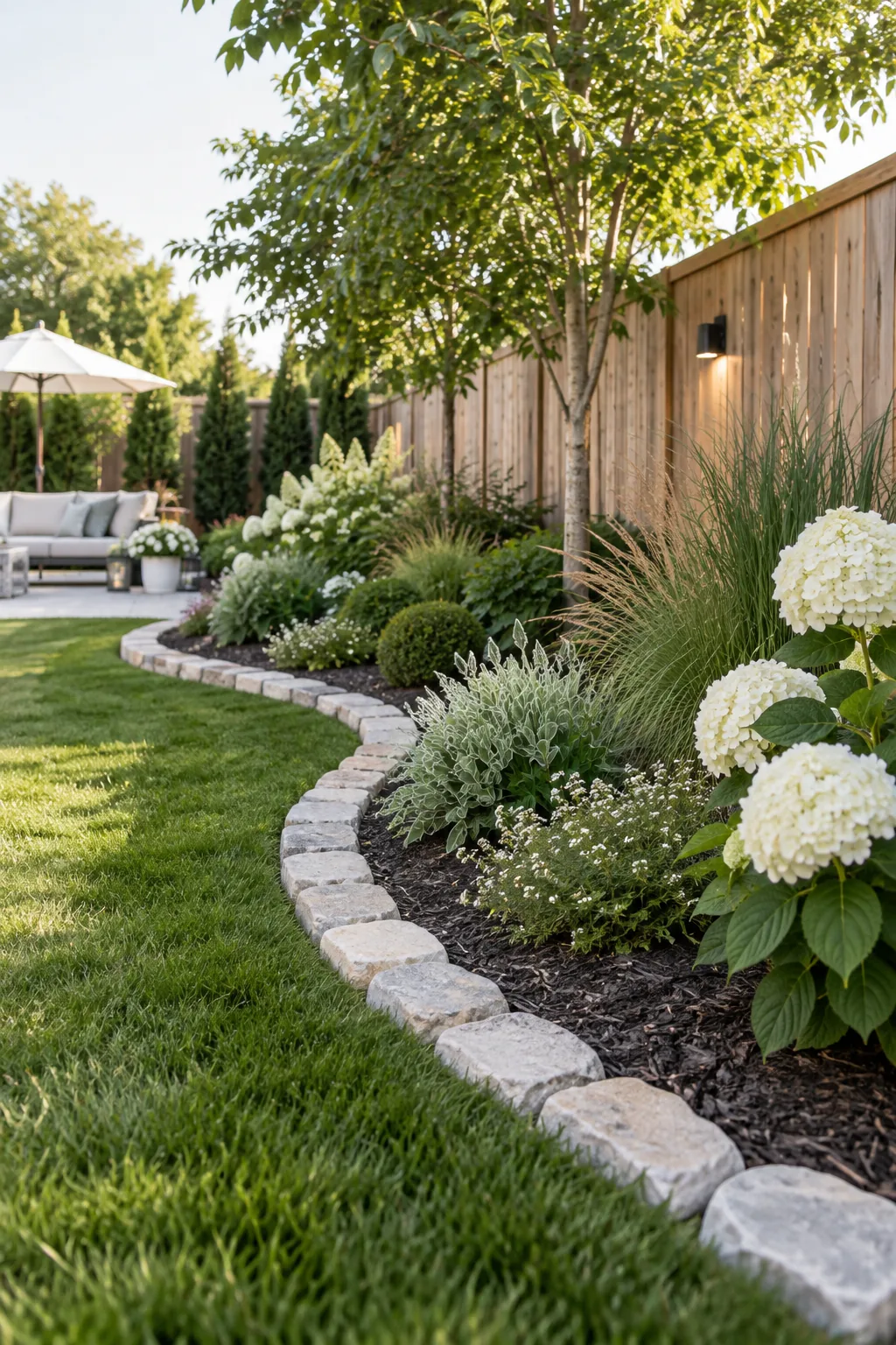 Deep curved garden bed with stone edging filled with hostas and daylilies near a fence