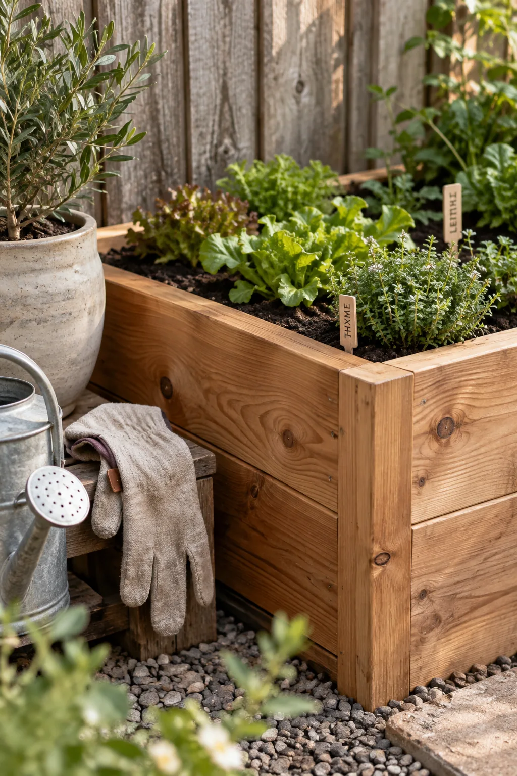 Cedar raised planter boxes lined up neatly against a wooden backyard fence