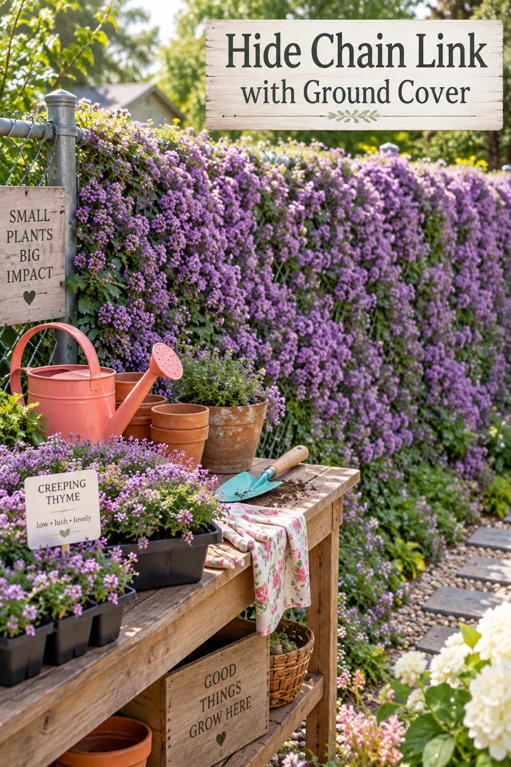 Purple creeping thyme growing densely along the bottom rail of a chain link fence