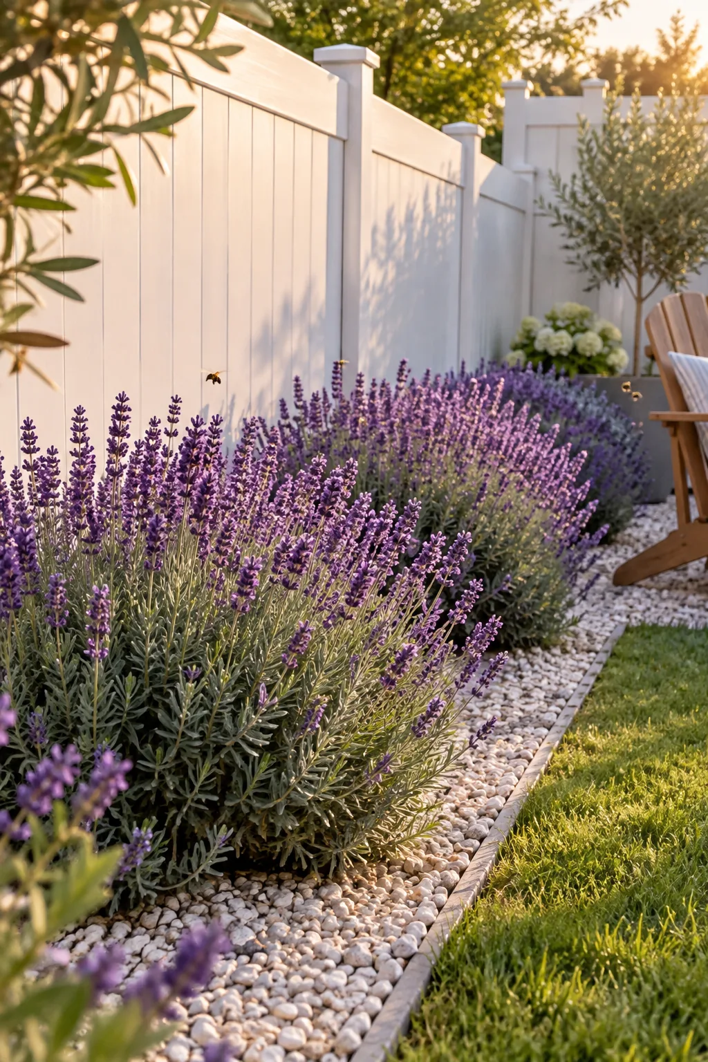 A long uniform row of blooming lavender bushes planted against a white vinyl privacy fence