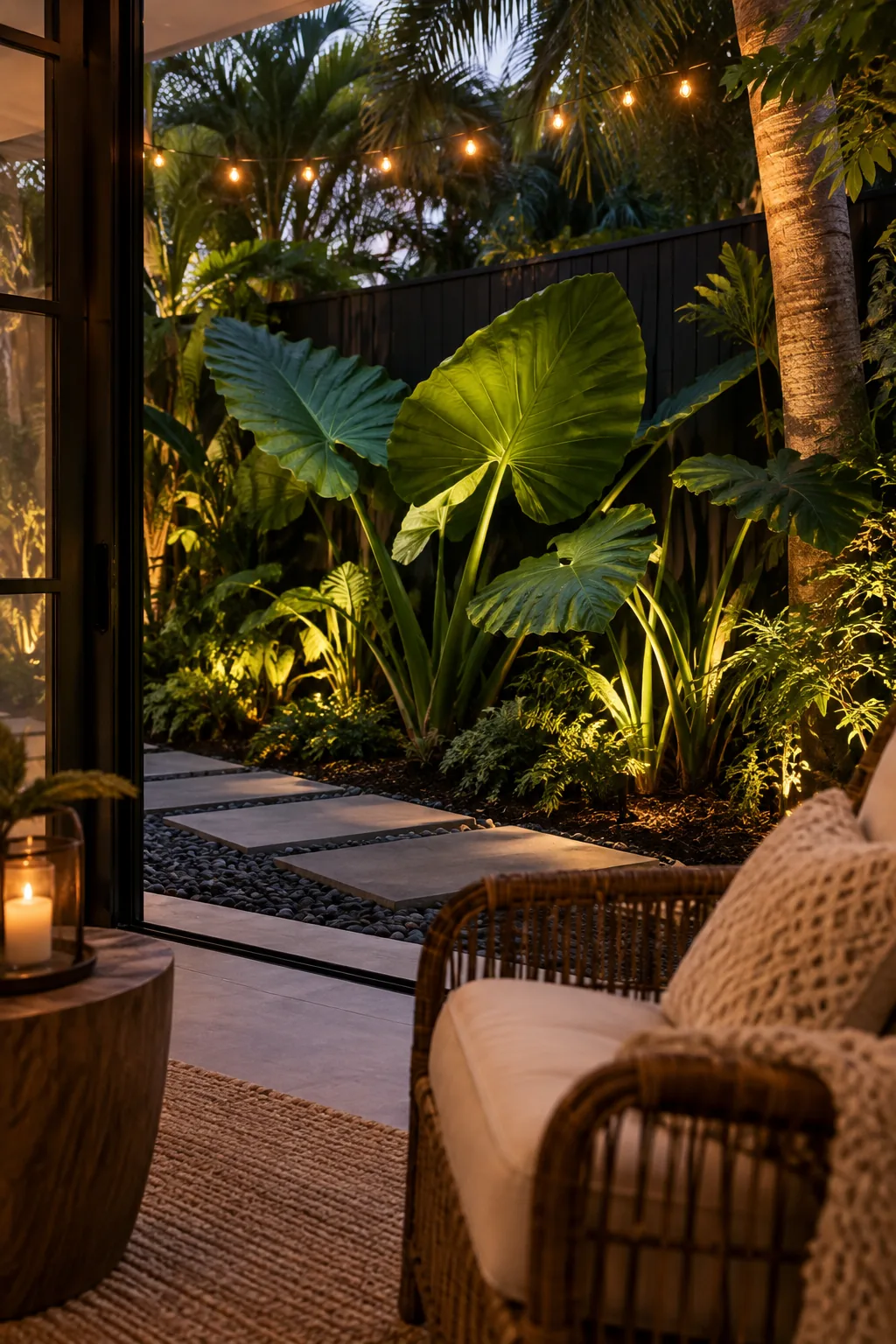 Giant green elephant ear plants glowing against a dark black-stained wooden fence