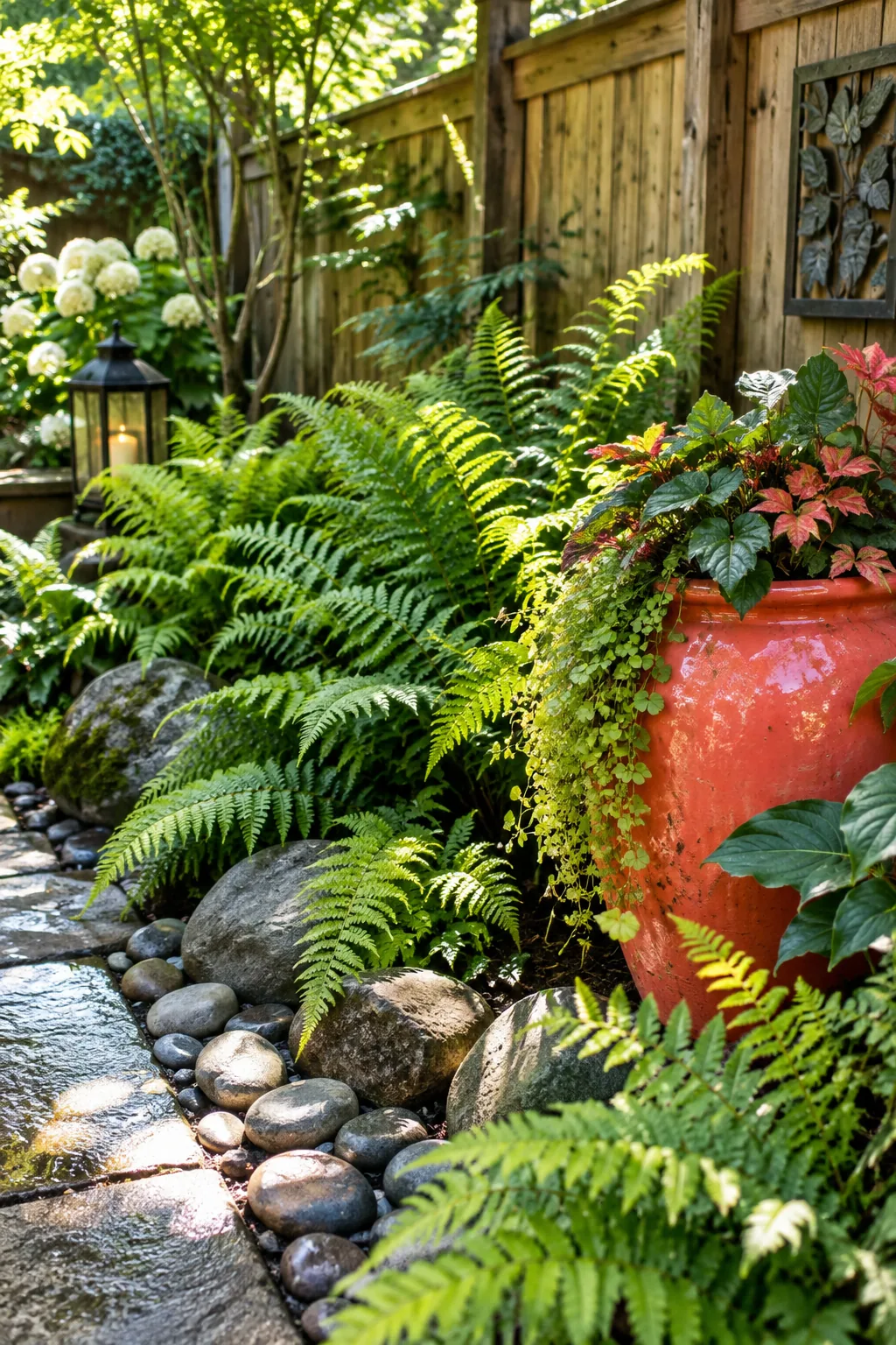 Lush green ferns growing in a shaded garden bed next to a wooden fence with river rocks