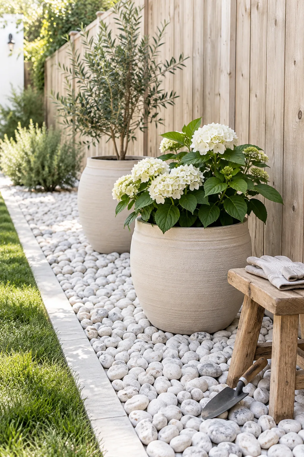 A clean border of white river rocks with potted plants sitting along a modern fence
