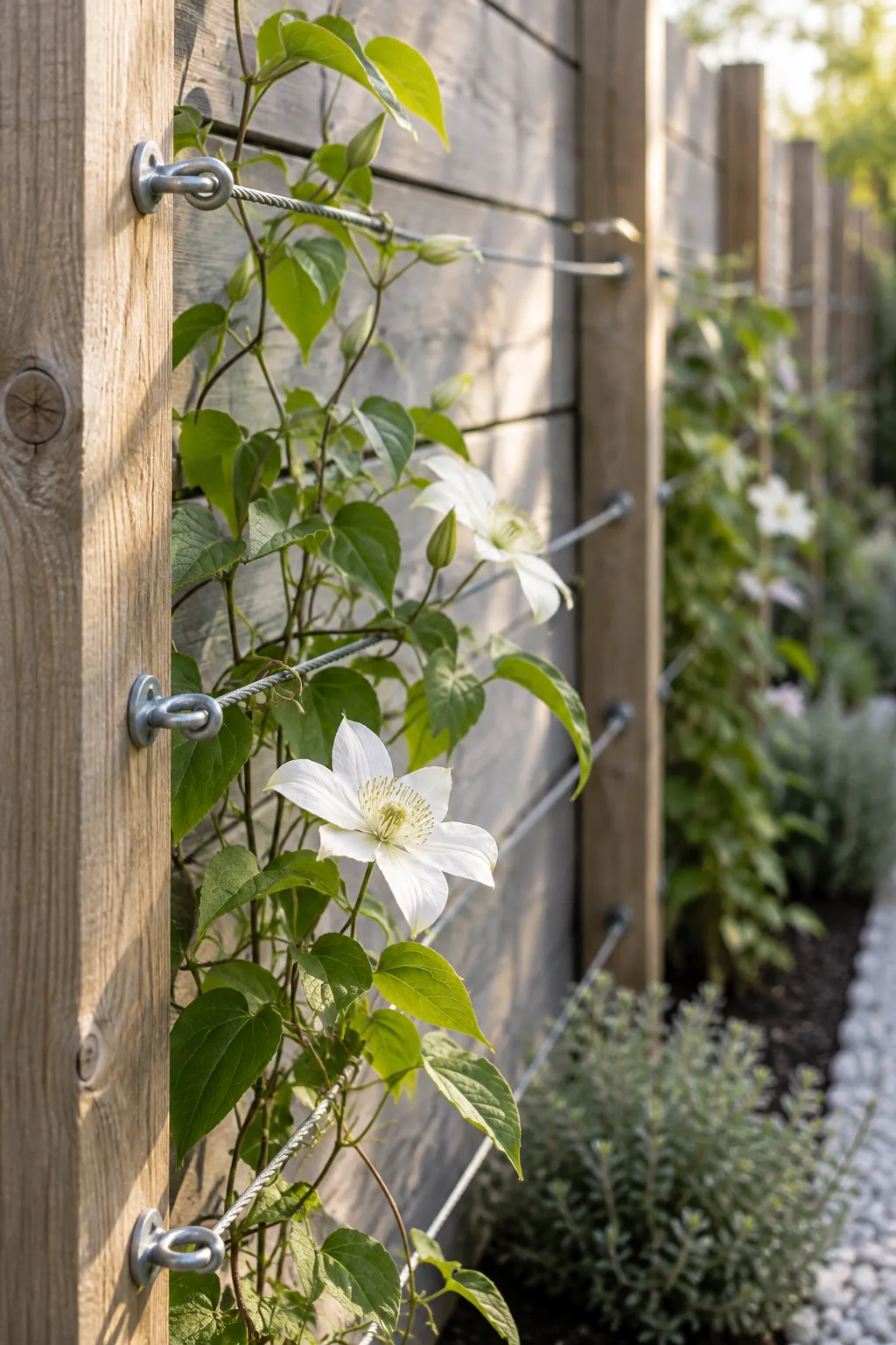 Green climbing vines growing on a wire trellis mounted slightly in front of a wooden fence