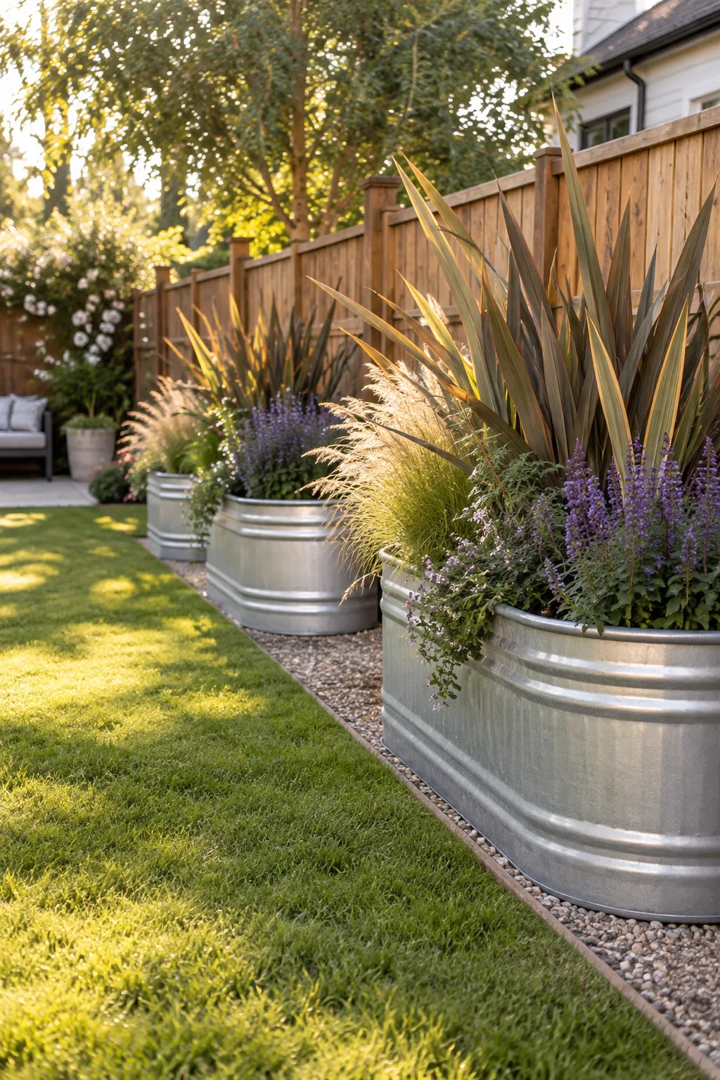 Three large galvanized metal trough planters filled with tall plants spaced along a wooden fence