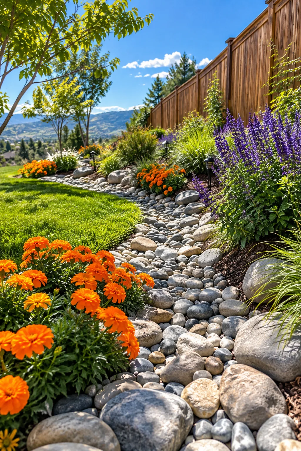 A decorative dry creek bed made of cobblestones running along the bottom of a sloped fence
