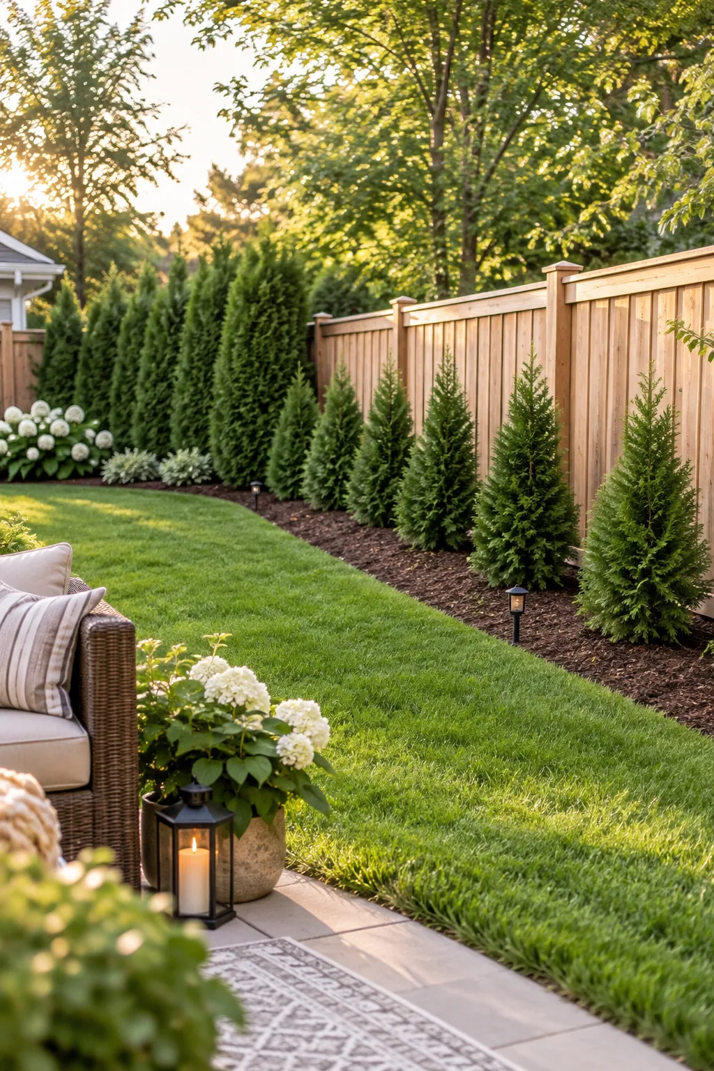 A neat row of young evergreen shrubs planted with proper spacing in front of a fence