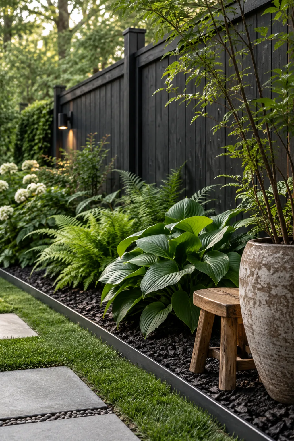 Crisp steel landscape edging containing dark mulch and green plants against a black painted fence