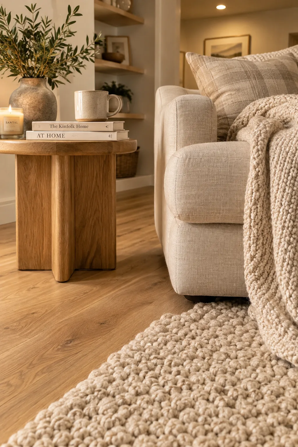 Living area with wood look vinyl flooring and a textured rug.