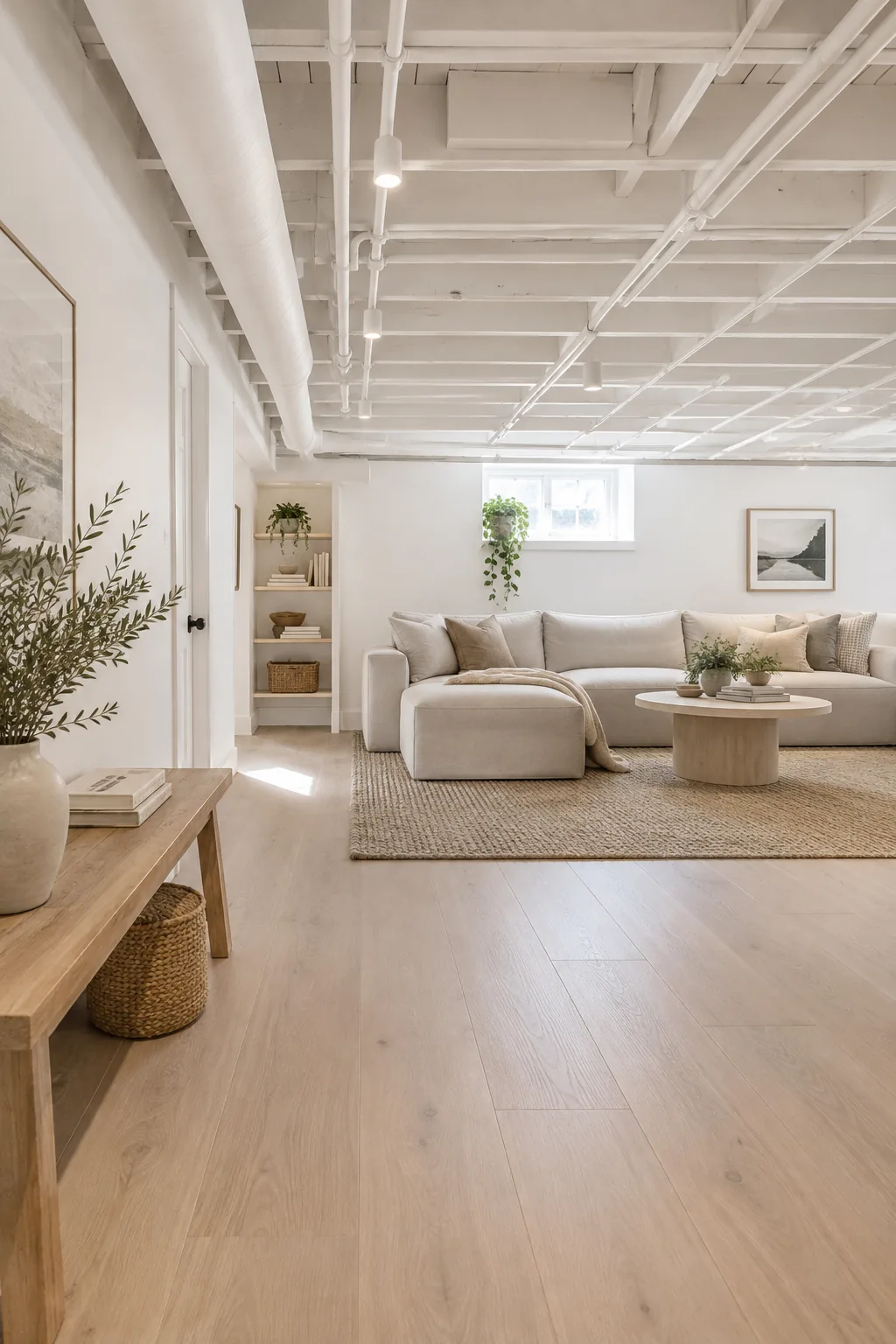 Exposed basement ceiling painted entirely in flat white.
