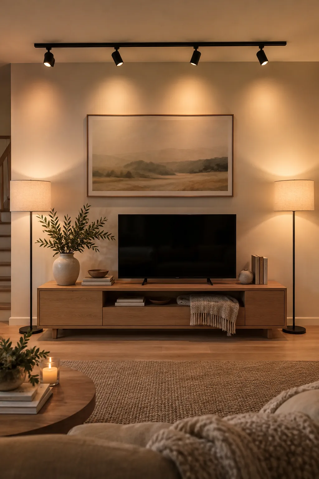Basement living room featuring angled track lighting and a floor lamp.
