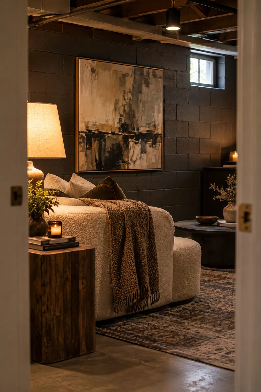 Dark painted concrete block wall with a large canvas art piece.