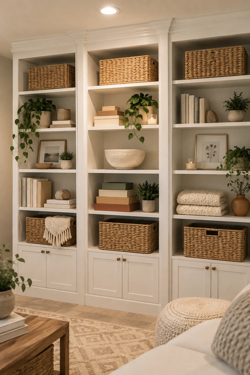 Three flat-pack bookcases trimmed with molding and painted to match the wall.