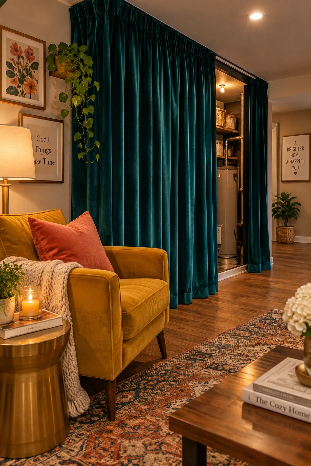 Heavy velvet curtain hanging from a ceiling track in a basement.