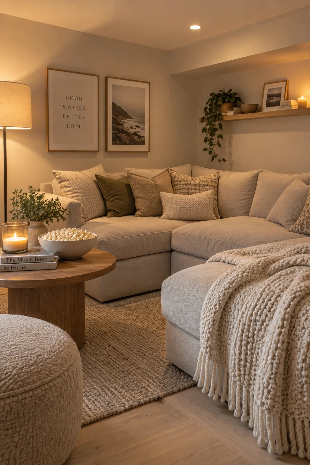 Large modular sectional sofa tucked into the corner of a basement.