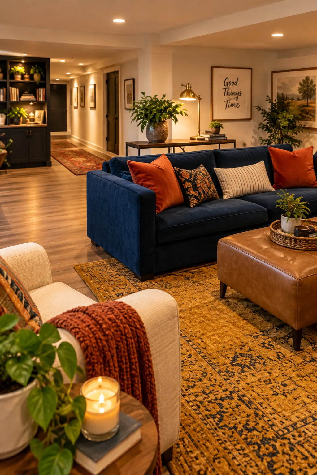 Sofa floating in the middle of a basement with a console table behind it.