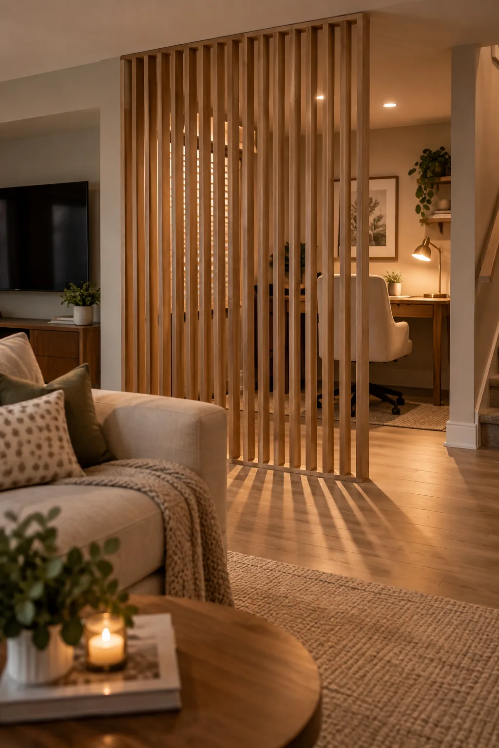 Vertical slatted wood room divider separating a desk from a living area.