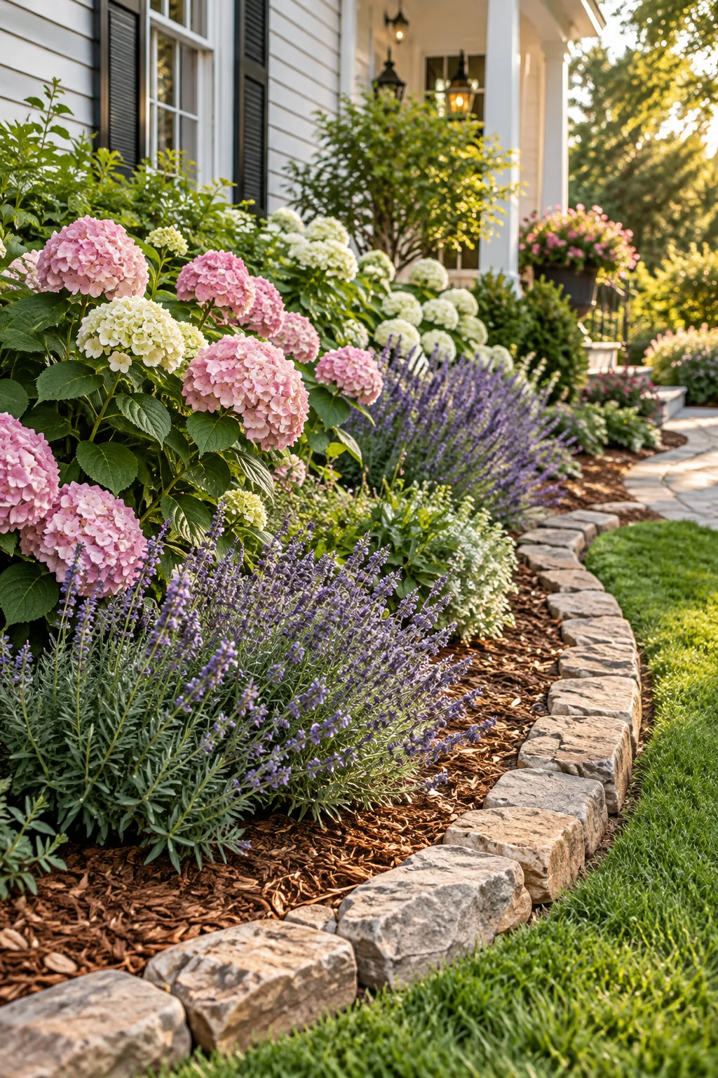 A cottage-style flower bed with hydrangeas, lavender, and stone edging.