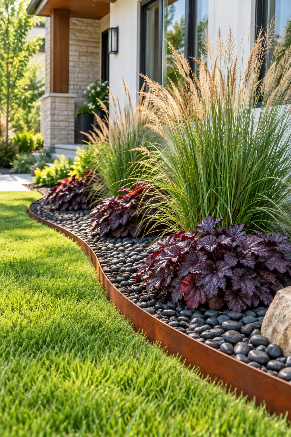 A modern flower bed with ornamental grasses, black river rock, and a steel edge.