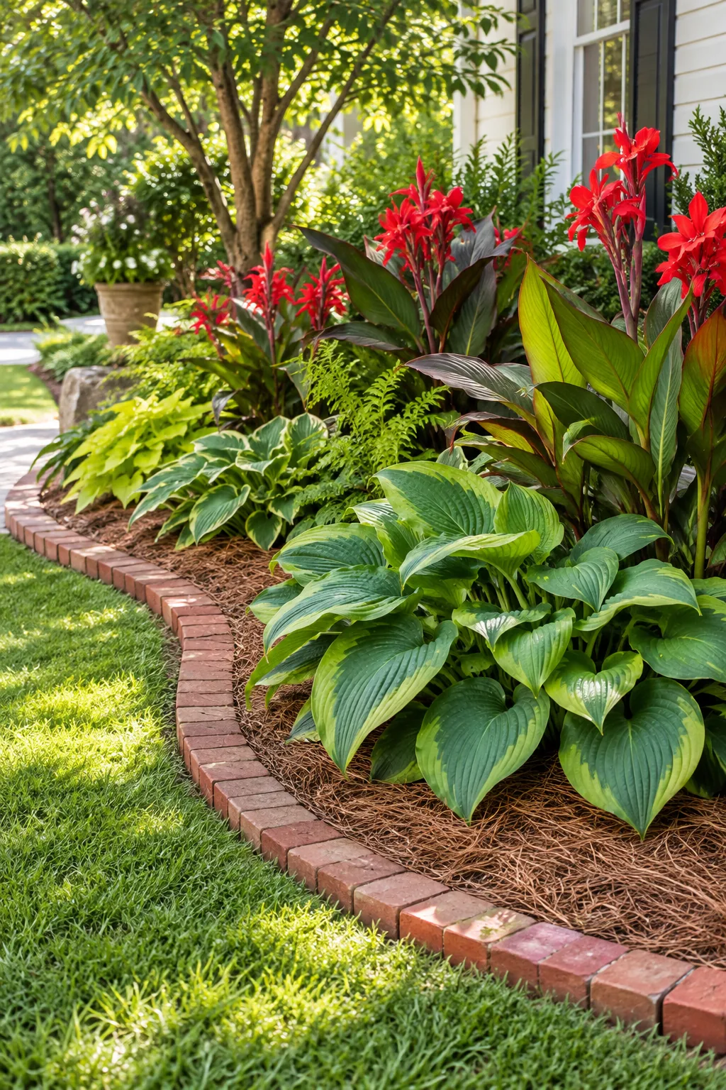 A tropical-style flower bed with hostas, cannas, and a brick edge.