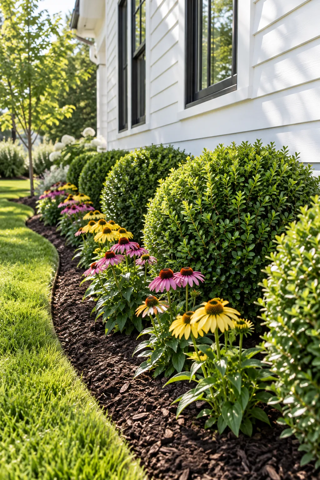 A clear two-foot gap between white house siding and a row of green boxwood shrubs.