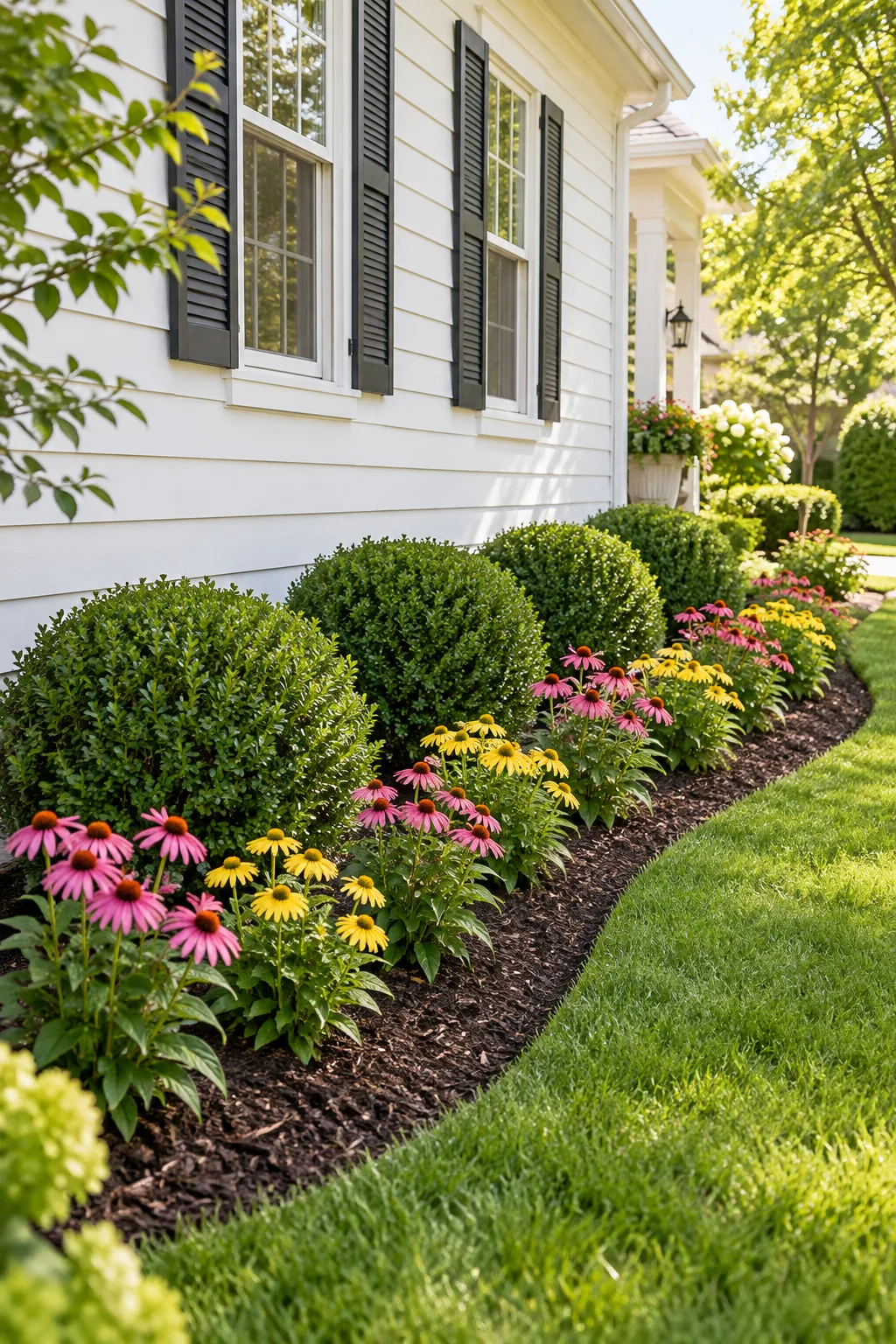 A row of evenly spaced, round evergreen shrubs planted in dark mulch.